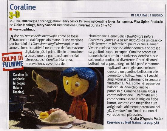 Recensione Ciak giugno 2009 Gaiman Coraline